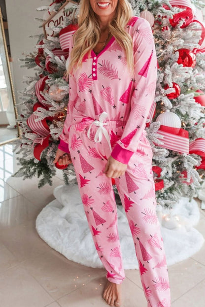 Pink Christmas Tree Print V Neck Buttoned Pullover and Drawstring Pants Lounge Set - Love Salve 