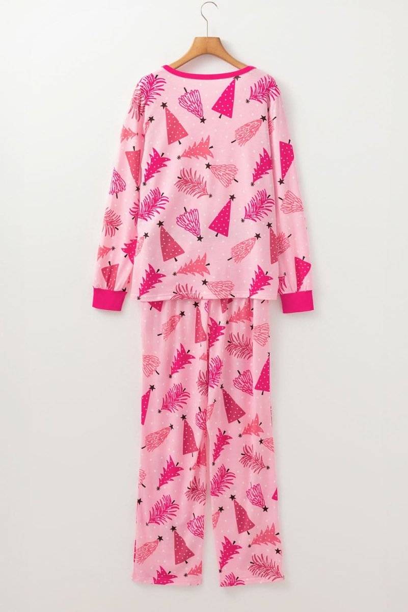 Pink Christmas Tree Print V Neck Buttoned Pullover and Drawstring Pants Lounge Set - Love Salve 