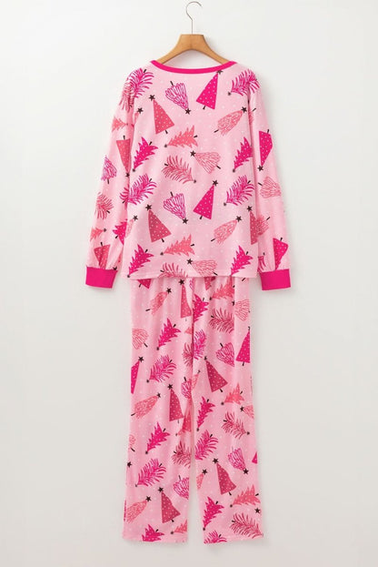 Pink Christmas Tree Print V Neck Buttoned Pullover and Drawstring Pants Lounge Set - Love Salve 