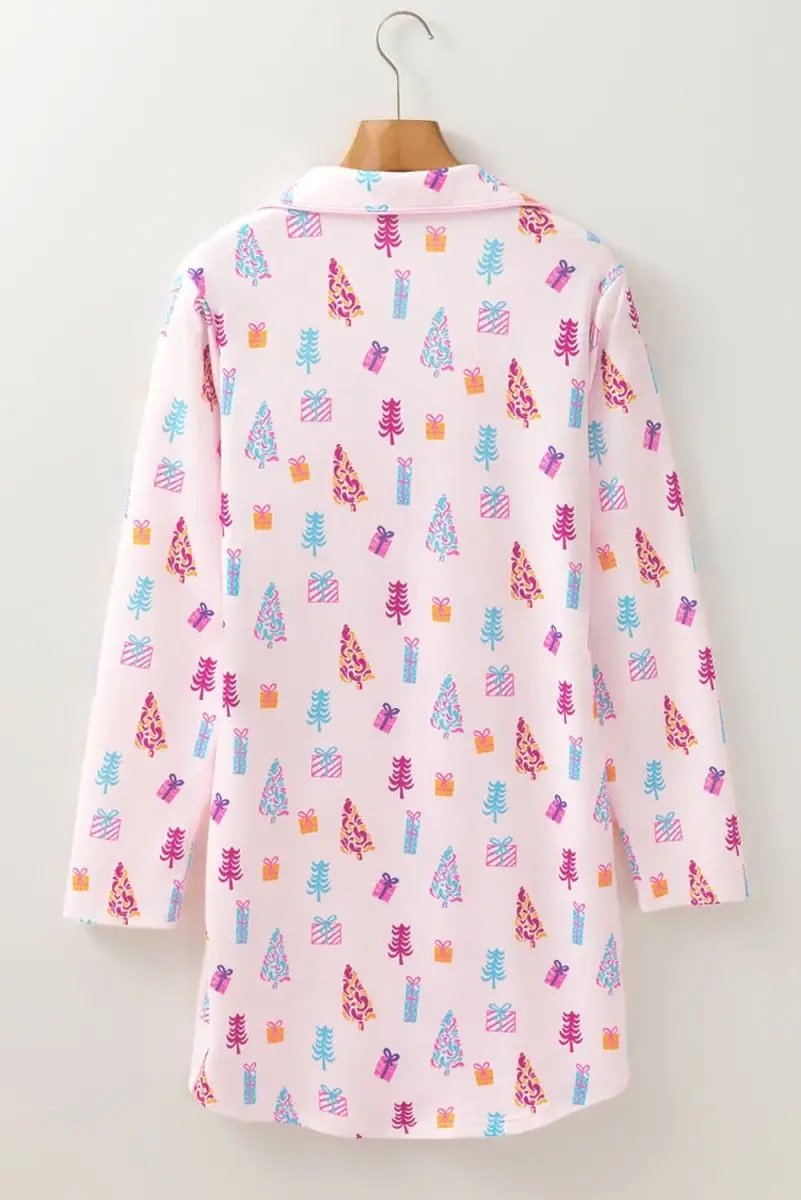 Pink Christmas Twinkle Tree Print Shirt Sleep Dress - Love Salve 