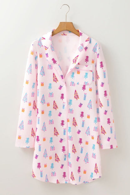 Pink Christmas Twinkle Tree Print Shirt Sleep Dress - Love Salve 