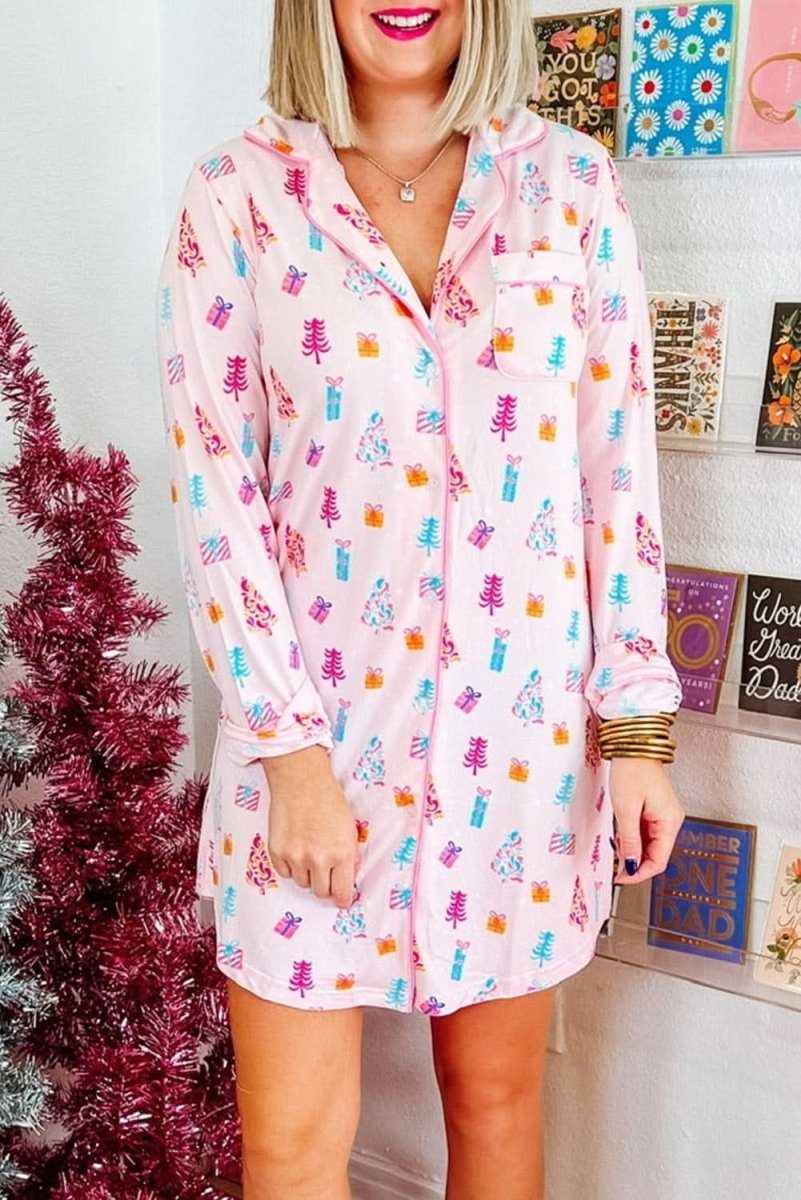 Pink Christmas Twinkle Tree Print Shirt Sleep Dress - Love Salve 