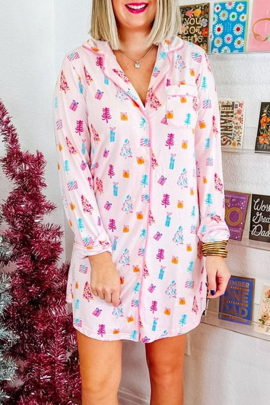 Pink Christmas Twinkle Tree Print Shirt Sleep Dress - Love Salve 