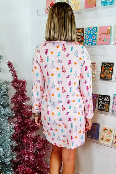 Pink Christmas Twinkle Tree Print Shirt Sleep Dress - Love Salve 