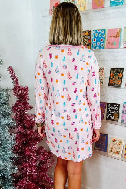 Pink Christmas Twinkle Tree Print Shirt Sleep Dress - Love Salve 