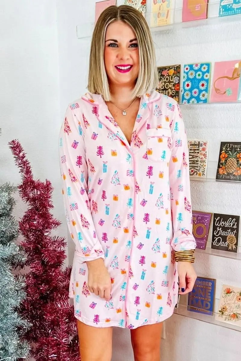 Pink Christmas Twinkle Tree Print Shirt Sleep Dress - Love Salve 