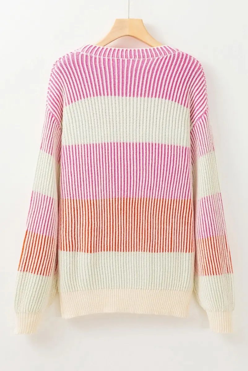 Pink Colorblock Textured Knit Sweater with Bubble Sleeves - Love Salve 