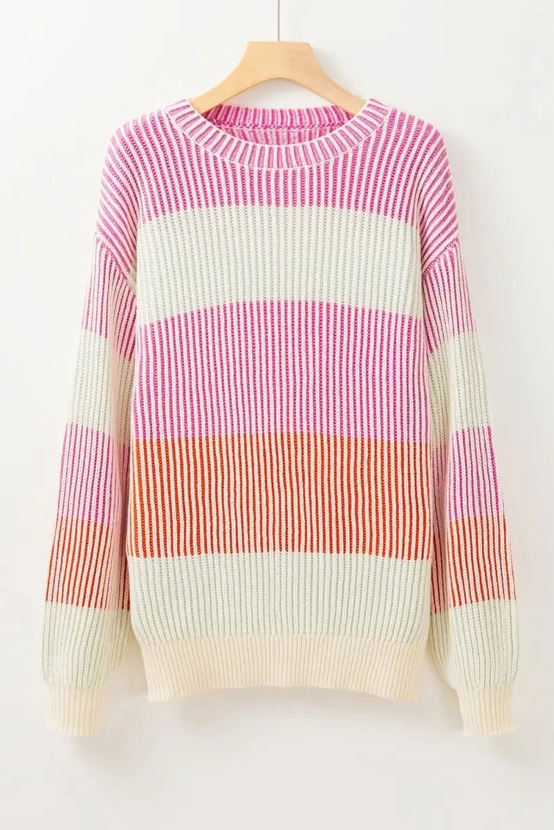 Pink Colorblock Textured Knit Sweater with Bubble Sleeves - Love Salve 