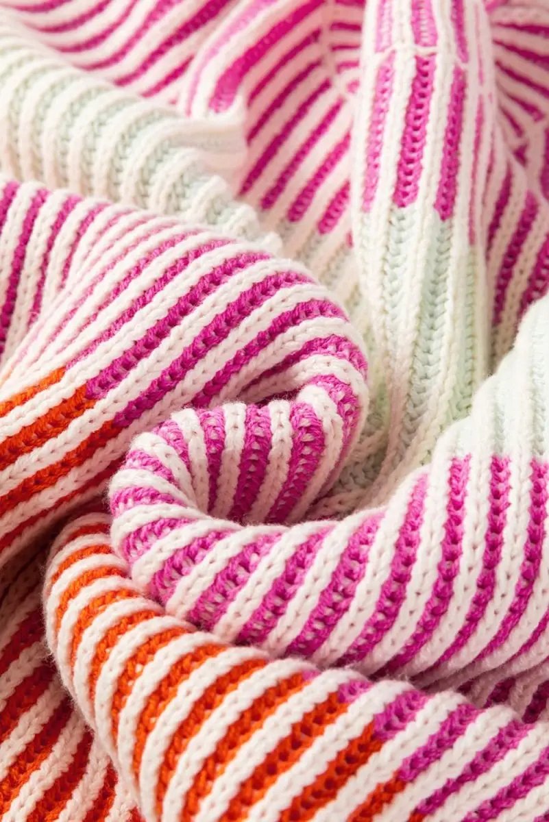 Pink Colorblock Textured Knit Sweater with Bubble Sleeves - Love Salve 