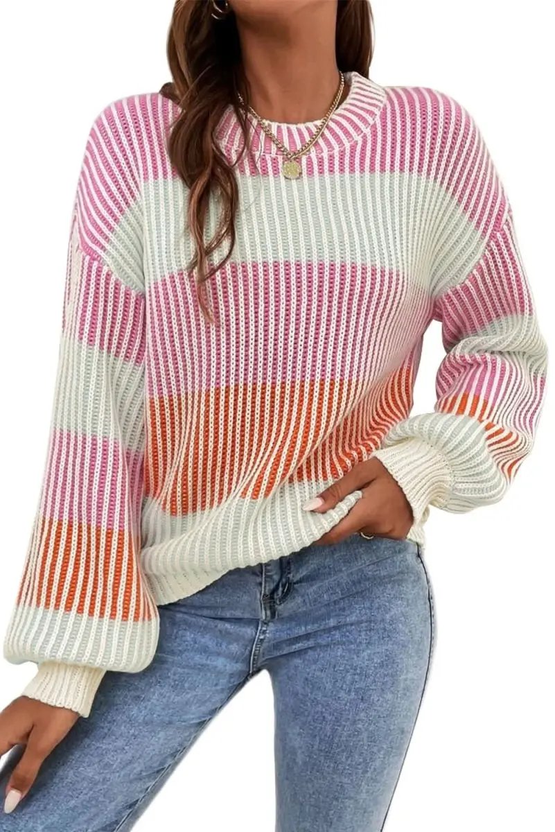 Pink Colorblock Textured Knit Sweater with Bubble Sleeves - Love Salve 