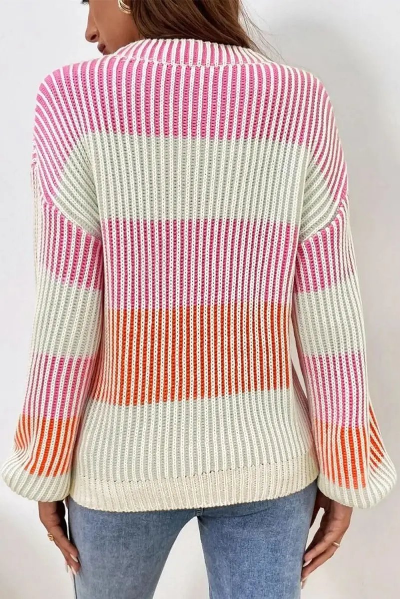 Pink Colorblock Textured Knit Sweater with Bubble Sleeves - Love Salve 