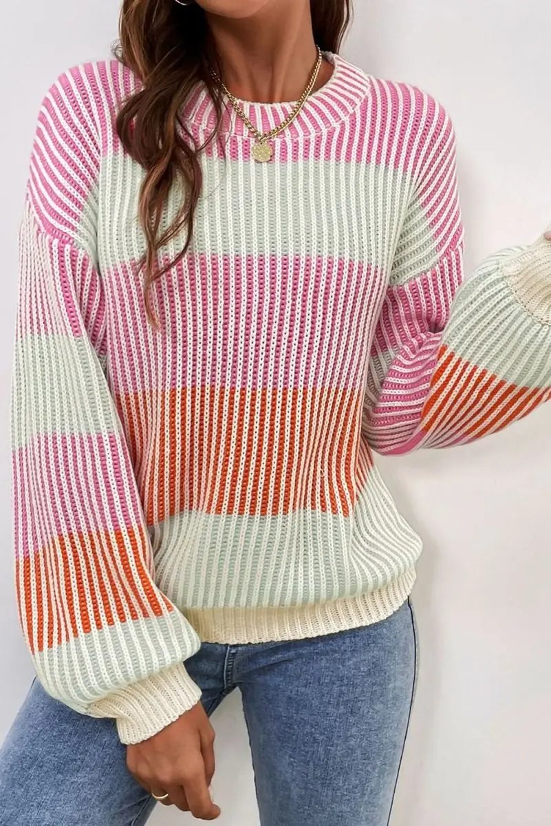 Pink Colorblock Textured Knit Sweater with Bubble Sleeves - Love Salve 