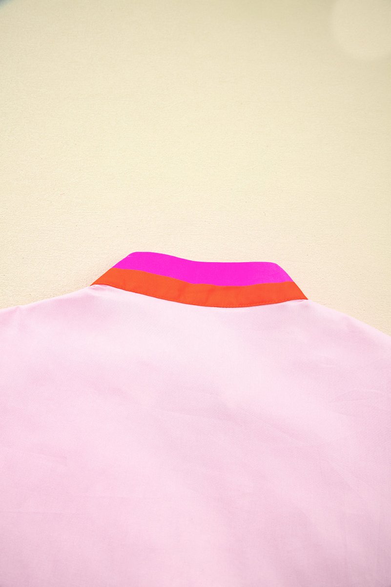 Pink Contrast Striped V Neck Puff Sleeve Blouse - Love Salve 