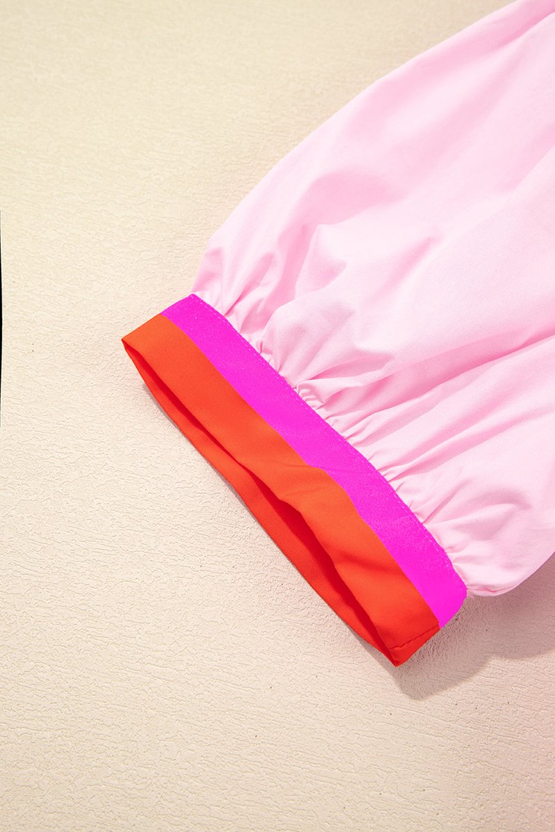 Pink Contrast Striped V Neck Puff Sleeve Blouse - Love Salve 