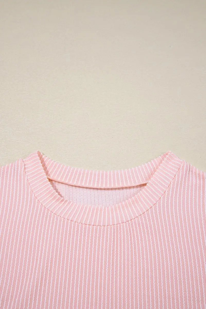 Pink Corded Knit Color Block Pocketed Crew Neck T Shirt - Love Salve 