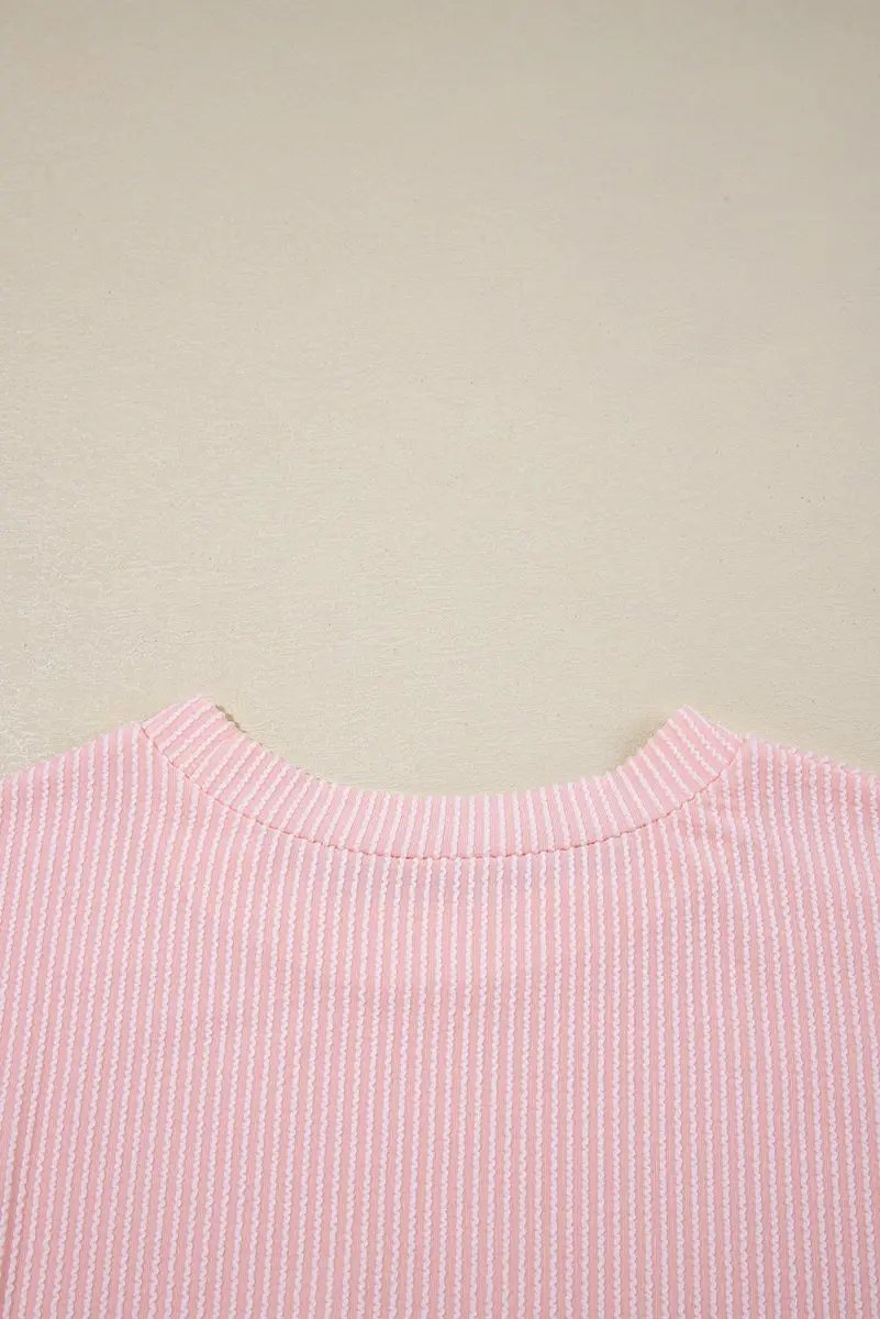 Pink Corded Knit Color Block Pocketed Crew Neck T Shirt - Love Salve 