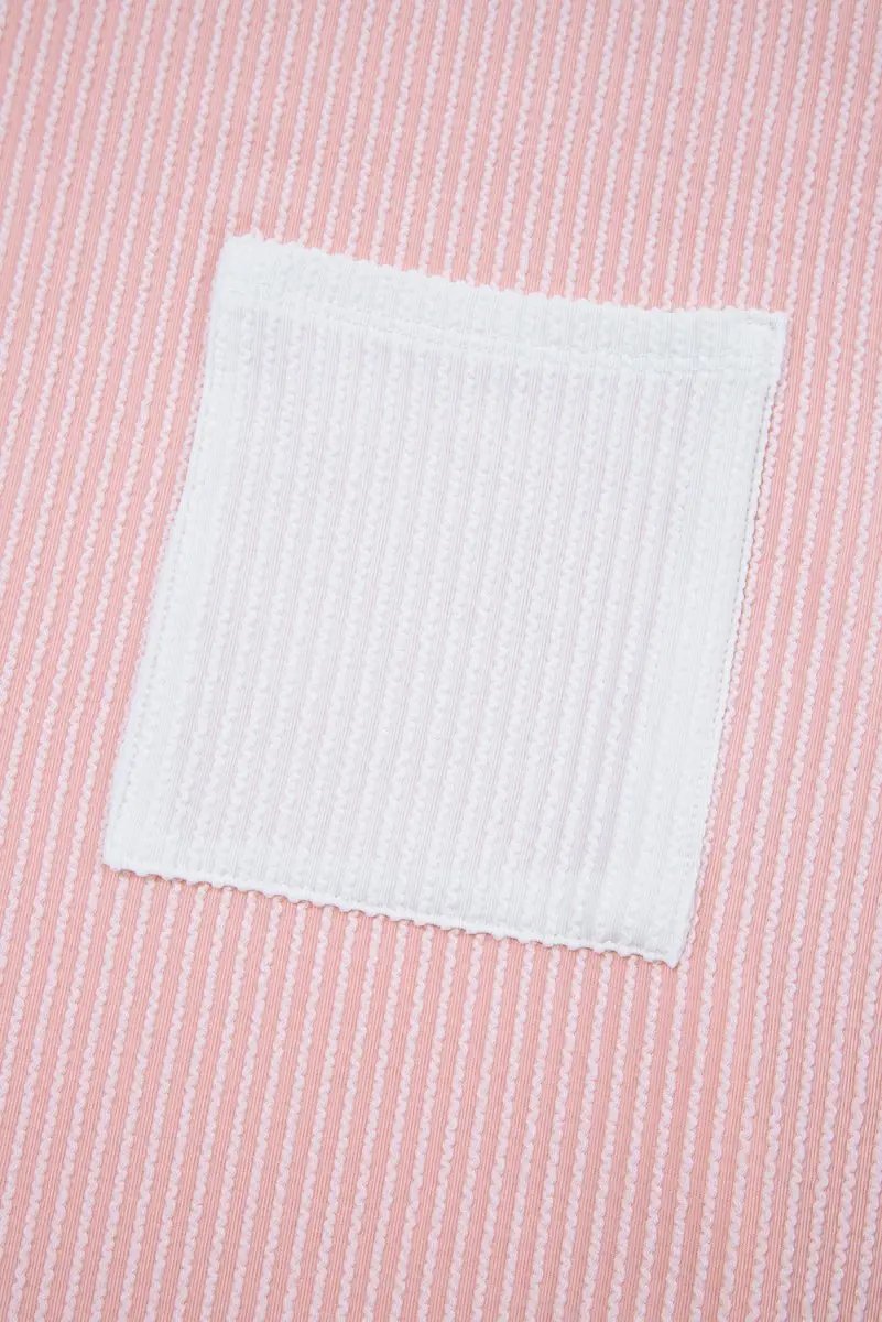 Pink Corded Knit Color Block Pocketed Crew Neck T Shirt - Love Salve 