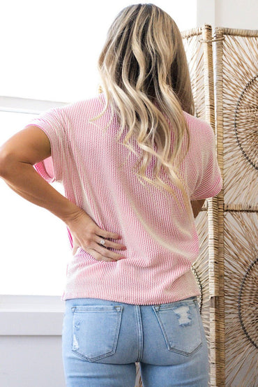 Pink Corded Knit Color Block Pocketed Crew Neck T Shirt - Love Salve 