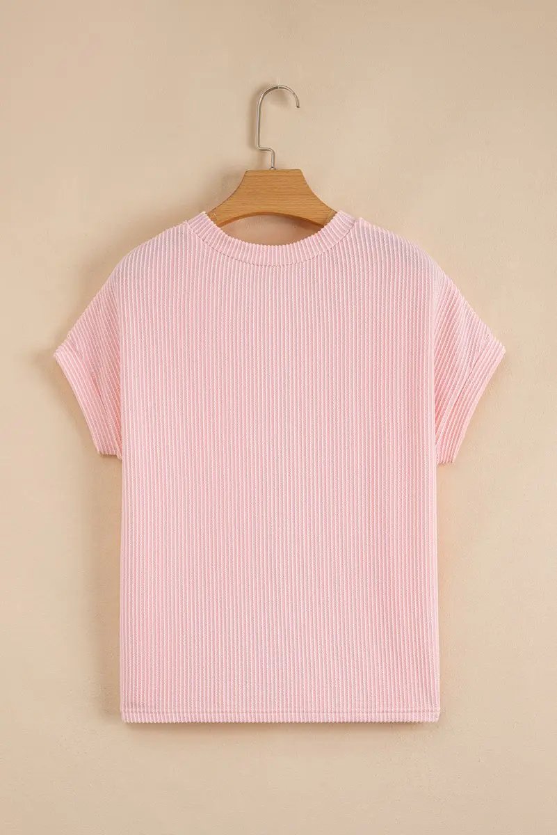 Pink Corded Knit Color Block Pocketed Crew Neck T Shirt - Love Salve 