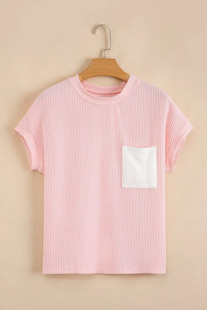 Pink Corded Knit Color Block Pocketed Crew Neck T Shirt - Love Salve 