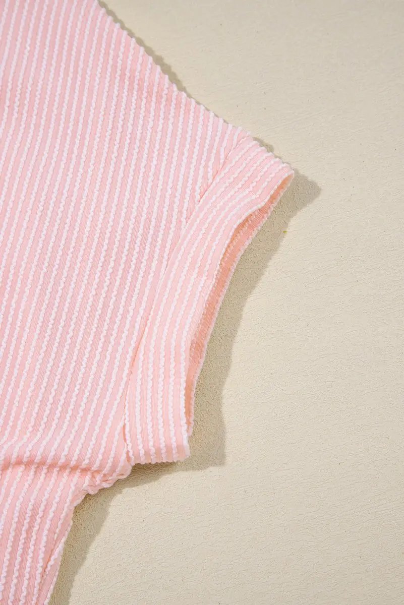 Pink Corded Knit Color Block Pocketed Crew Neck T Shirt - Love Salve 