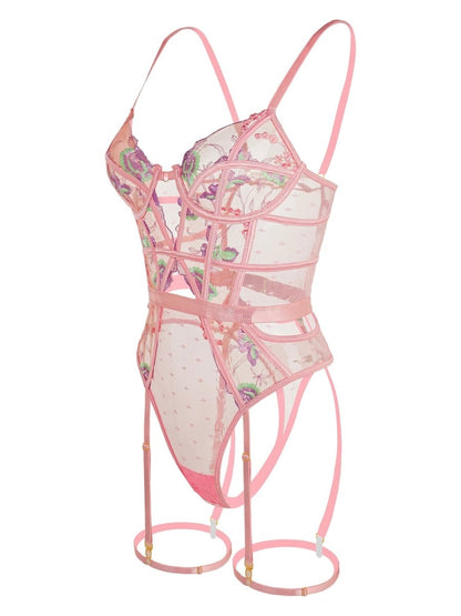 Pink Deluxe Floral Embroidered Bodysuit - Love Salve 