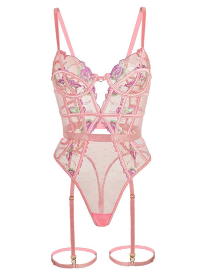 Pink Deluxe Floral Embroidered Bodysuit - Love Salve 