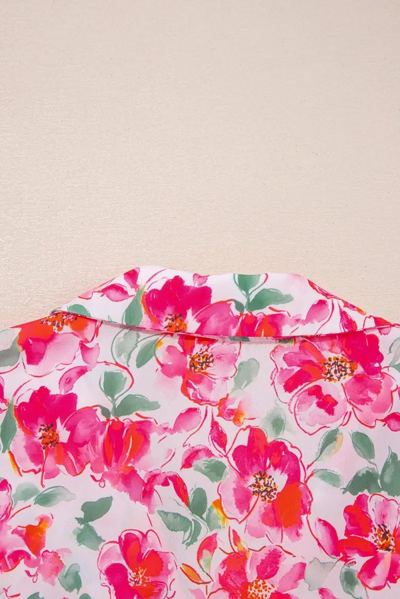 Pink Floral Boxy Fit Ruffled Short Sleeve V Neck Blouse - Love Salve 