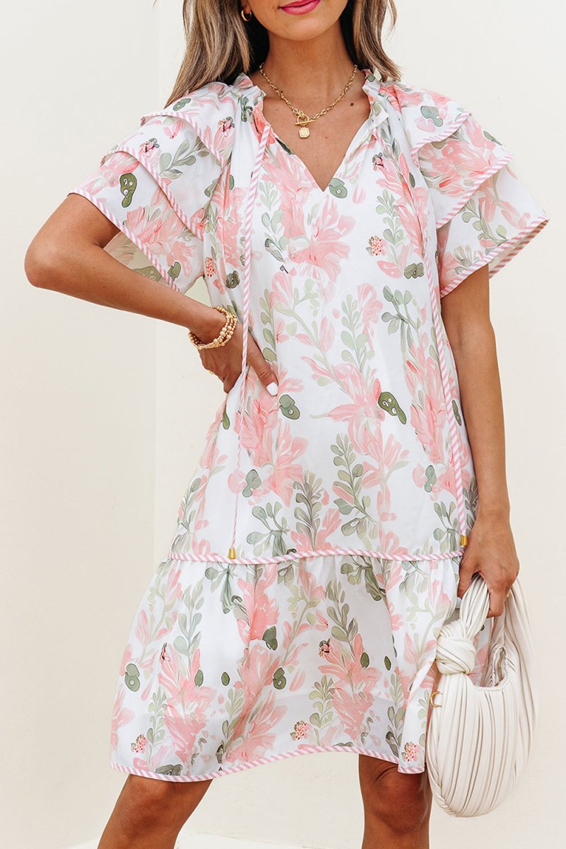 Pink Floral Contrast Edge Layered Short Sleeve Mini Dress - Love Salve 
