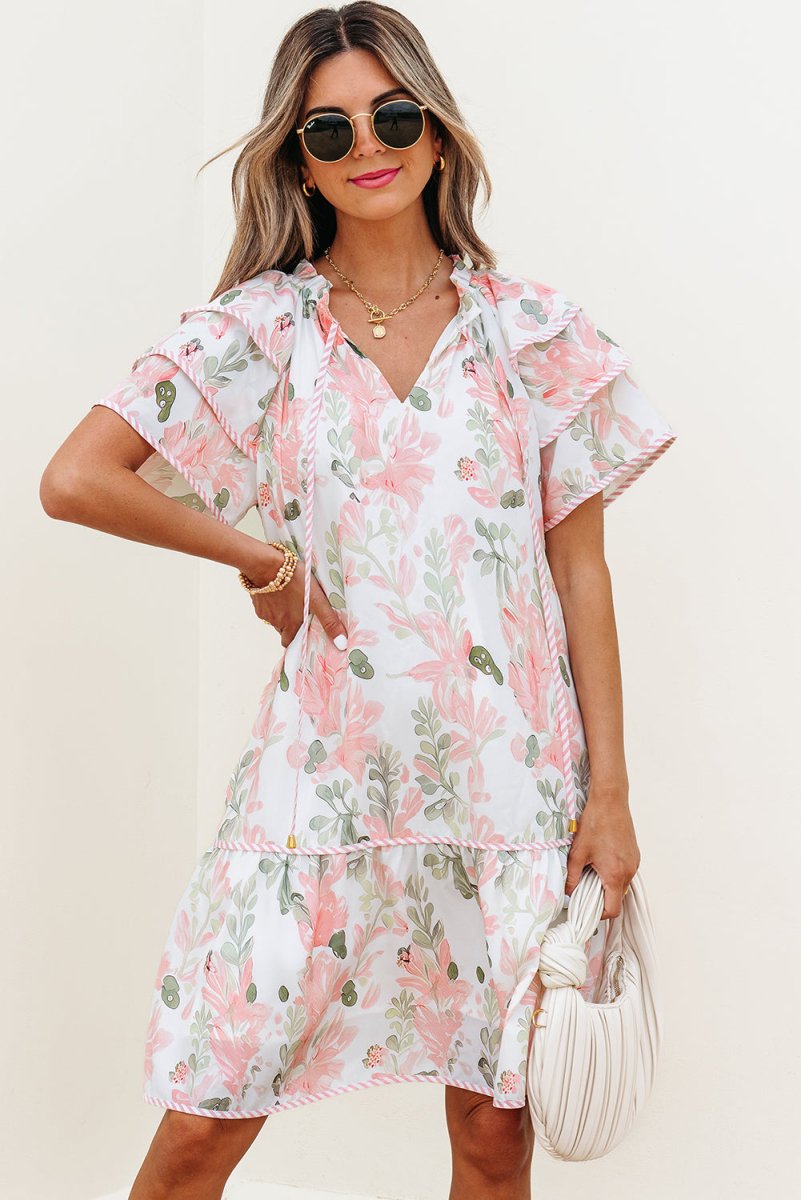 Pink Floral Contrast Edge Layered Short Sleeve Mini Dress - Love Salve 