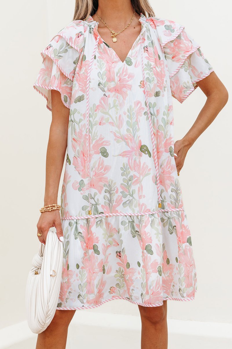 Pink Floral Contrast Edge Layered Short Sleeve Mini Dress - Love Salve 