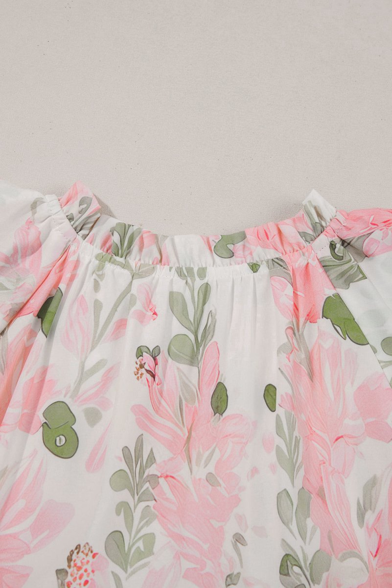 Pink Floral Contrast Edge Layered Short Sleeve Mini Dress - Love Salve 