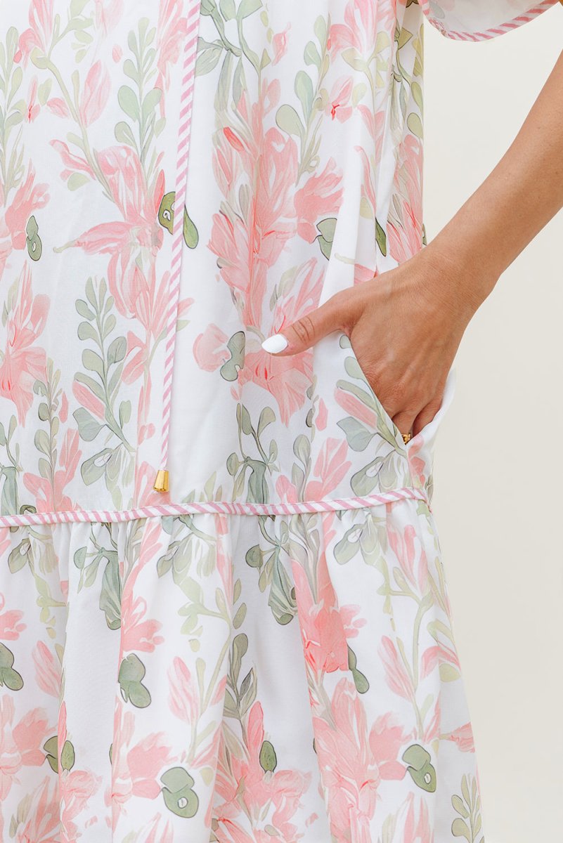 Pink Floral Contrast Edge Layered Short Sleeve Mini Dress - Love Salve
