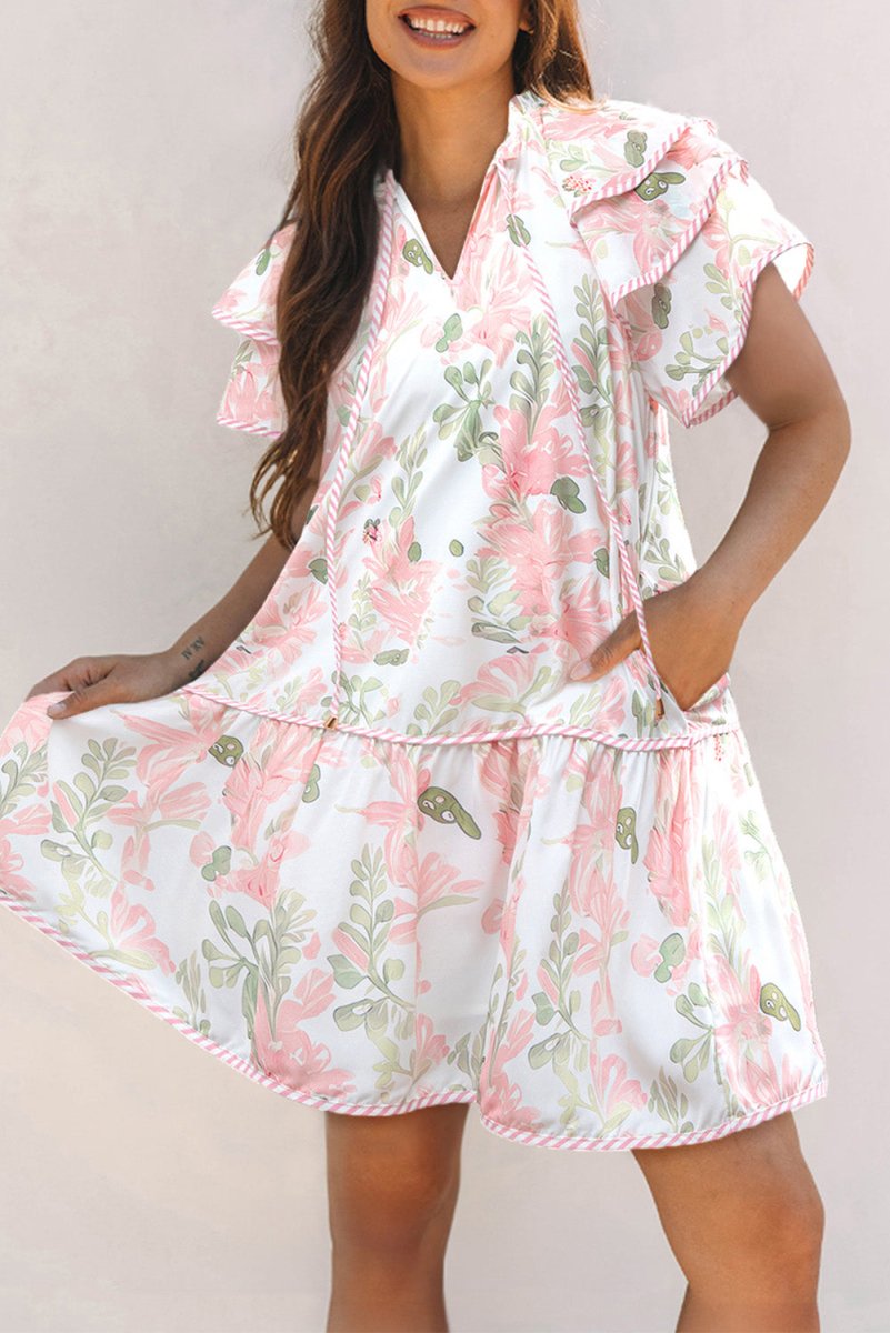 Pink Floral Contrast Edge Layered Short Sleeve Mini Dress - Love Salve 