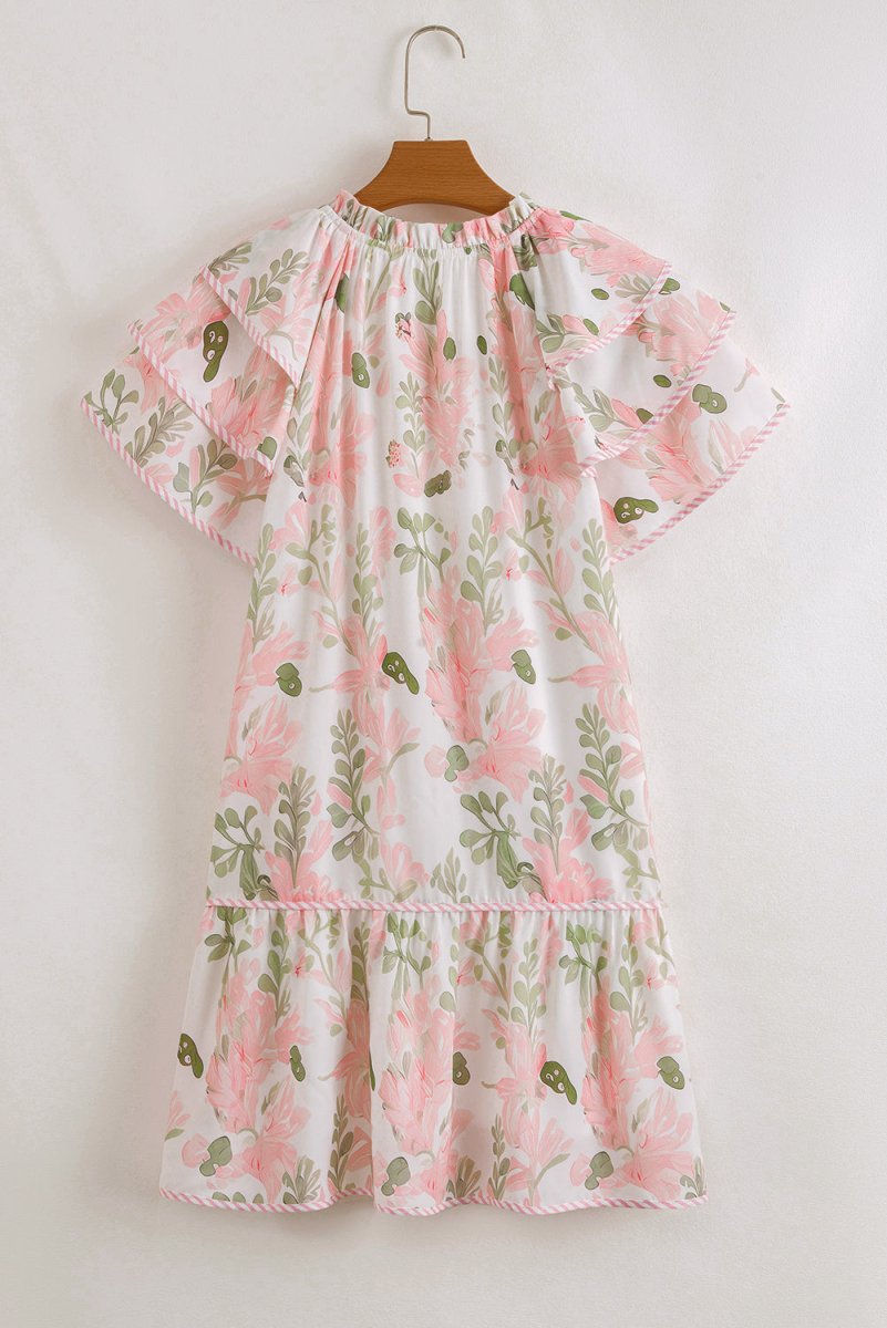 Pink Floral Contrast Edge Layered Short Sleeve Mini Dress - Love Salve 