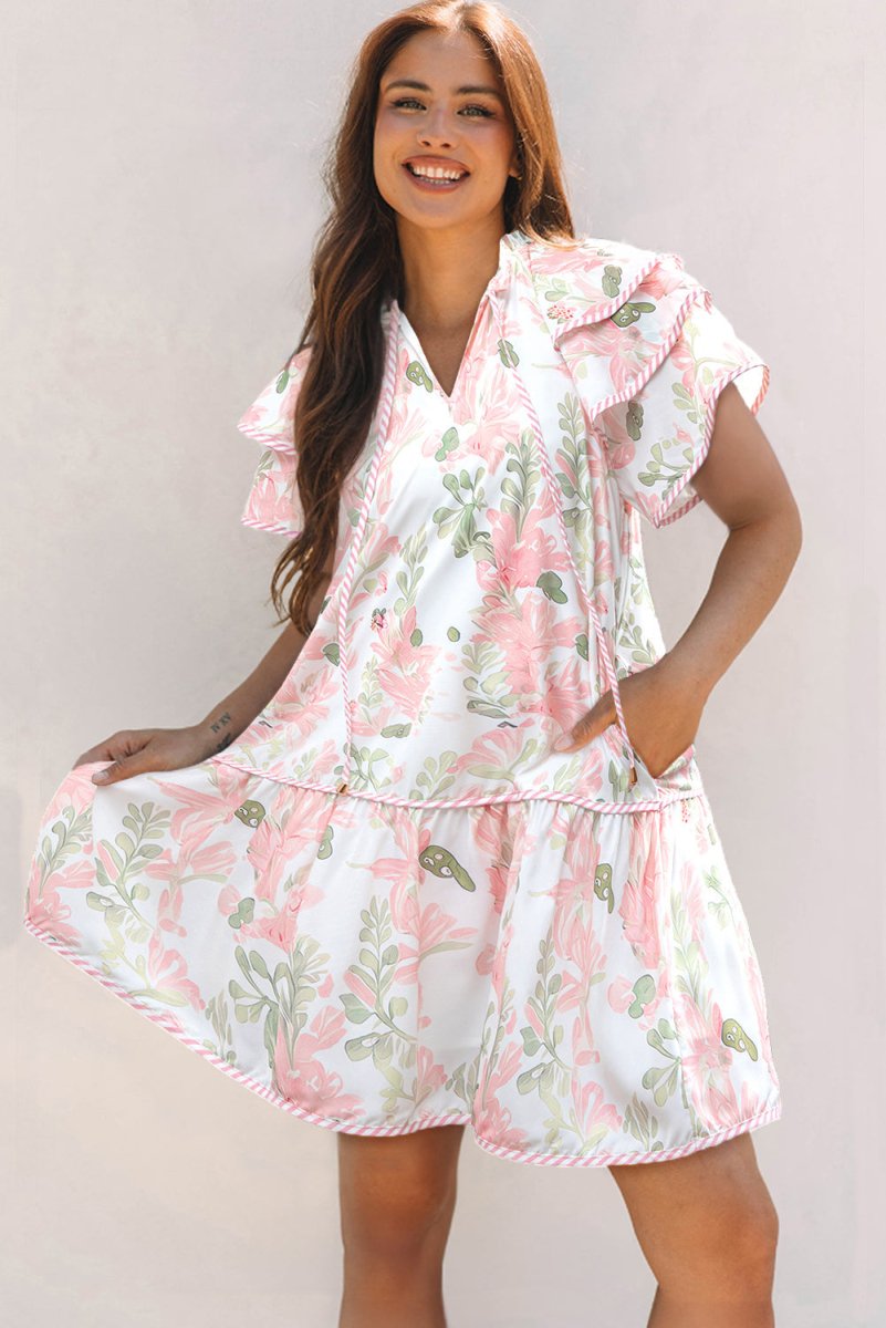 Pink Floral Contrast Edge Layered Short Sleeve Mini Dress - Love Salve 
