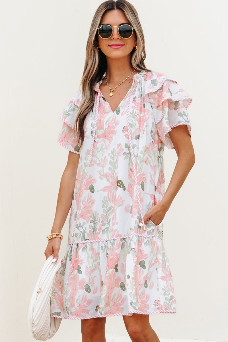 Pink Floral Contrast Edge Layered Short Sleeve Mini Dress - Love Salve 