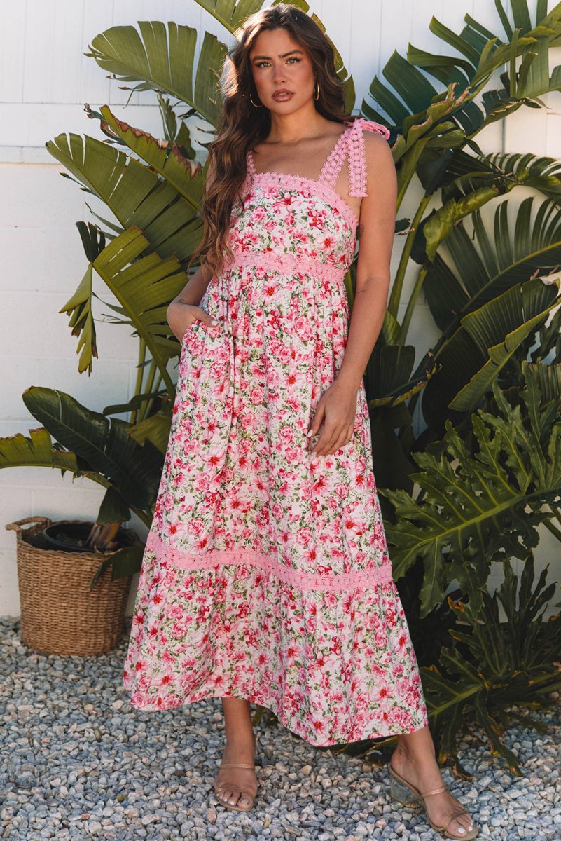 Pink Floral Lace Tied Strap Empire Waist Maxi Dress for Women - Love Salve 