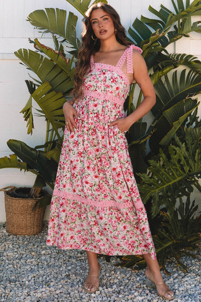 Pink Floral Lace Tied Strap Empire Waist Maxi Dress for Women - Love Salve 