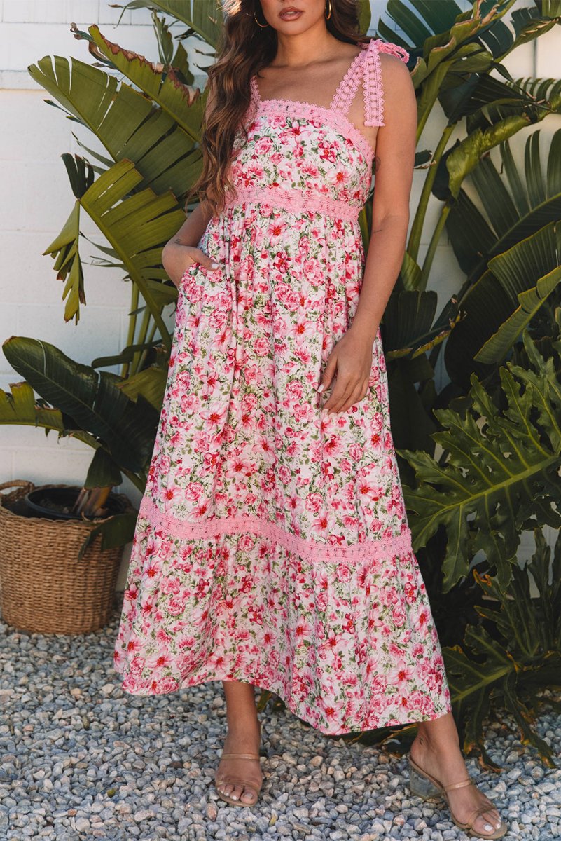 Pink Floral Lace Tied Strap Empire Waist Maxi Dress for Women - Love Salve 