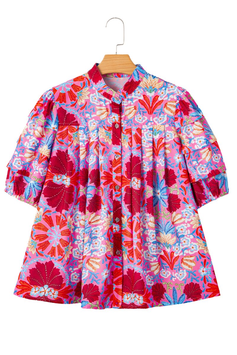 Pink Floral Print Bubble Sleeve Button Up Pleated Shirt - Love Salve 