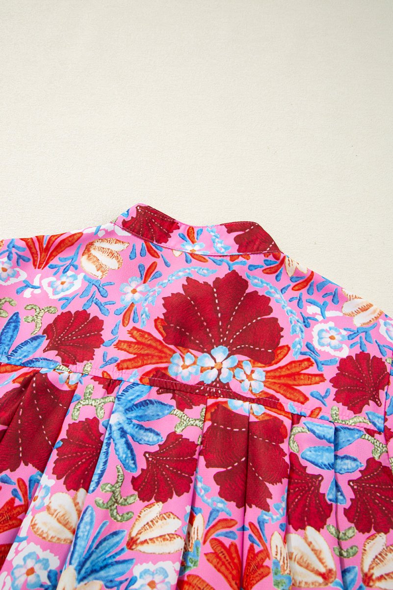 Pink Floral Print Bubble Sleeve Button Up Pleated Shirt - Love Salve 