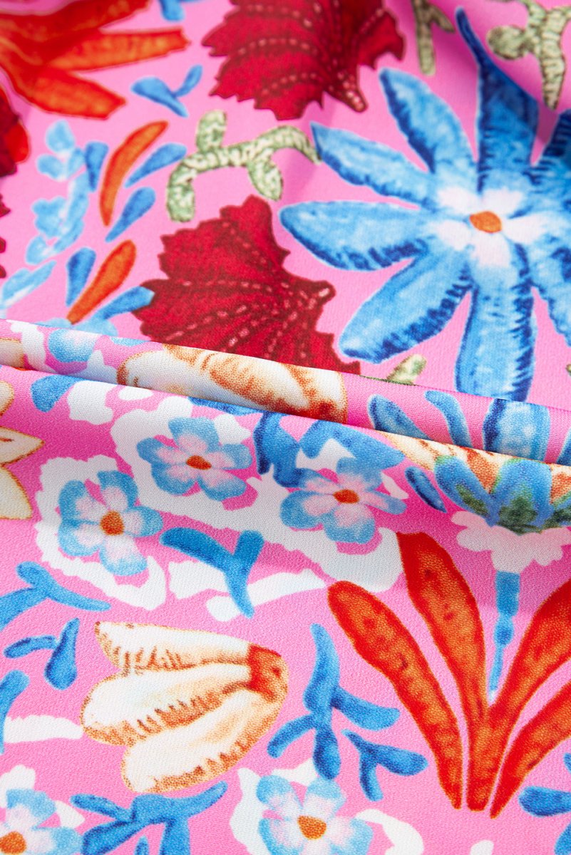 Pink Floral Print Bubble Sleeve Button Up Pleated Shirt - Love Salve 