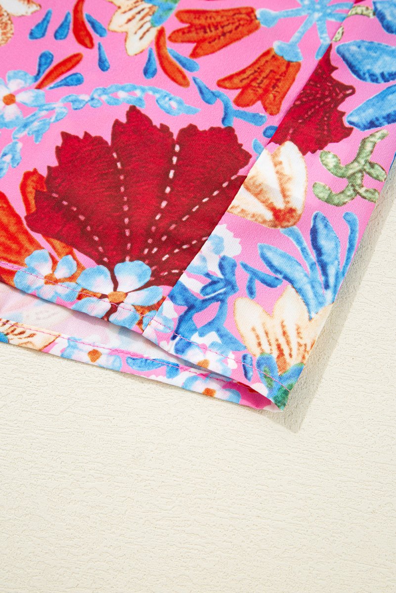 Pink Floral Print Bubble Sleeve Button Up Pleated Shirt - Love Salve 