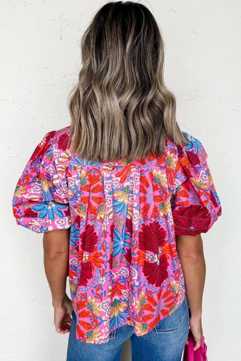 Pink Floral Print Bubble Sleeve Button Up Pleated Shirt - Love Salve 