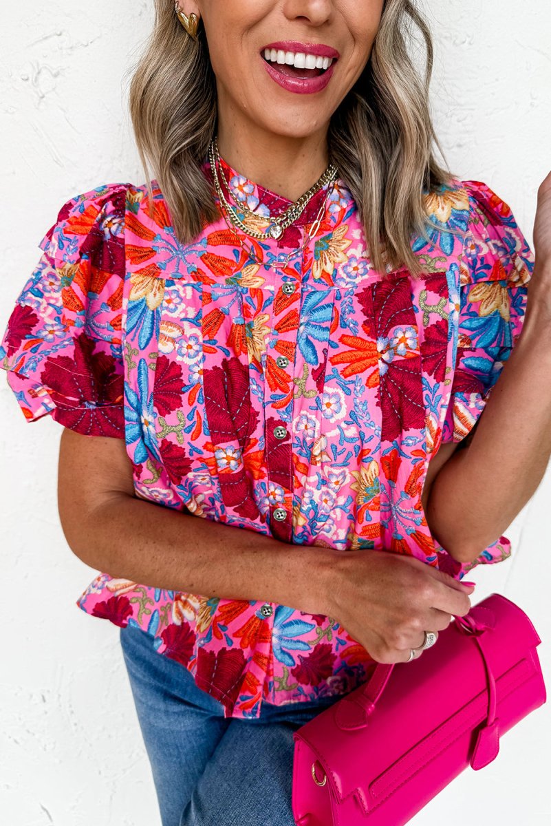 Pink Floral Print Bubble Sleeve Button Up Pleated Shirt - Love Salve 