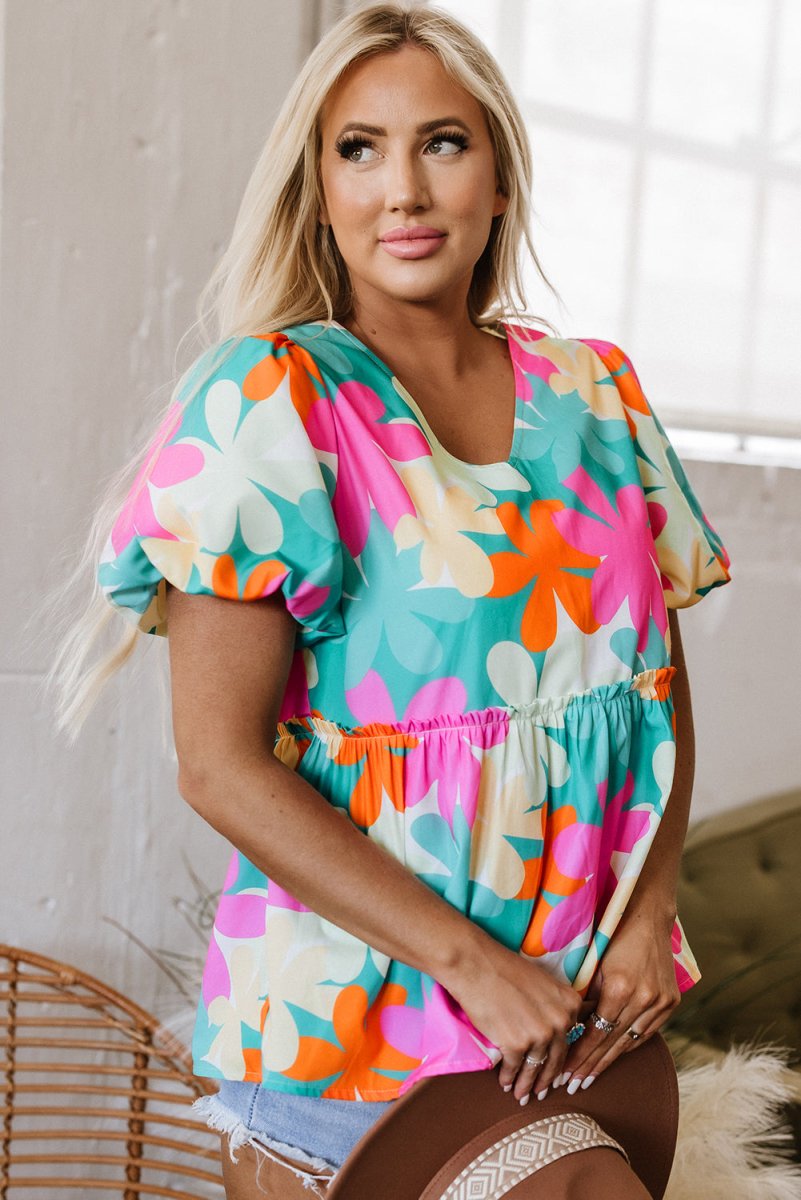 Pink Floral Print Bubble Sleeve V Neck Peplum Blouse for Women - Love Salve 
