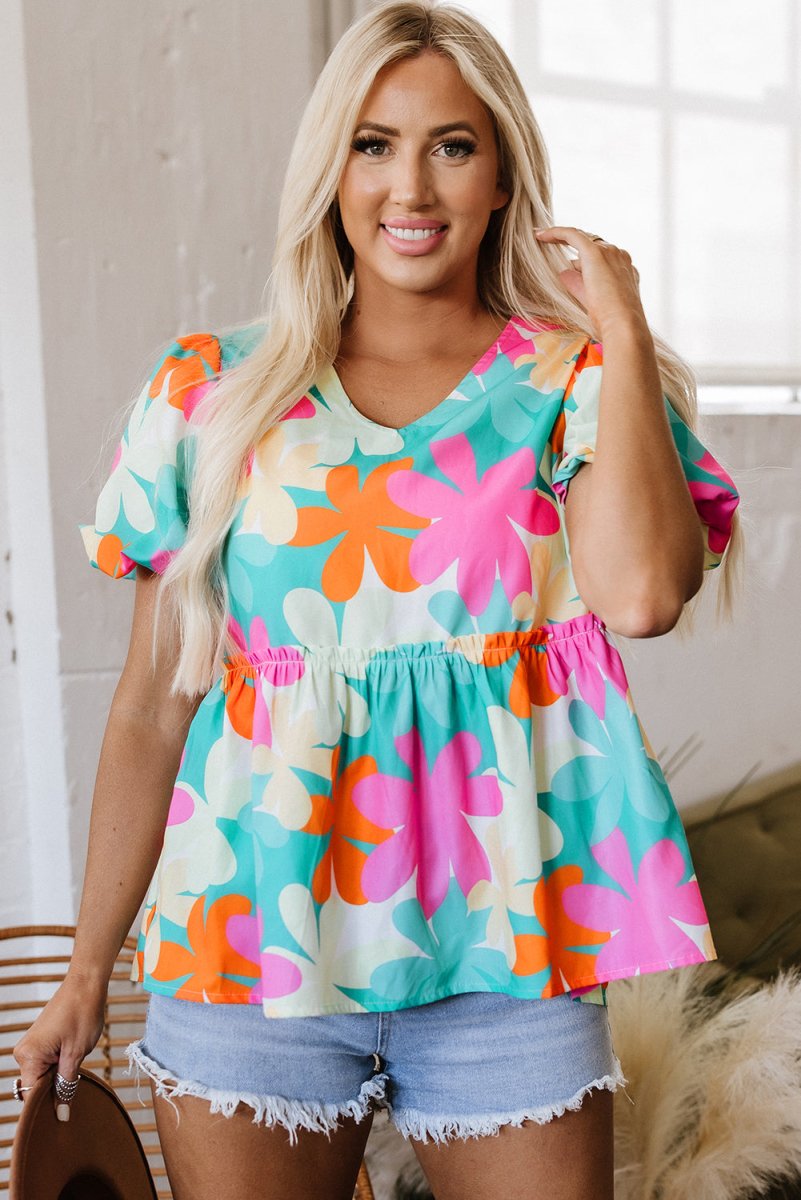 Pink Floral Print Bubble Sleeve V Neck Peplum Blouse for Women - Love Salve 