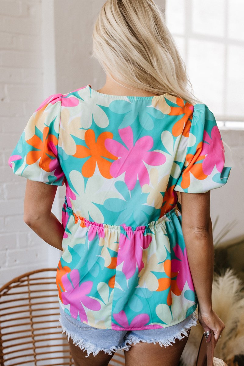 Pink Floral Print Bubble Sleeve V Neck Peplum Blouse for Women - Love Salve 