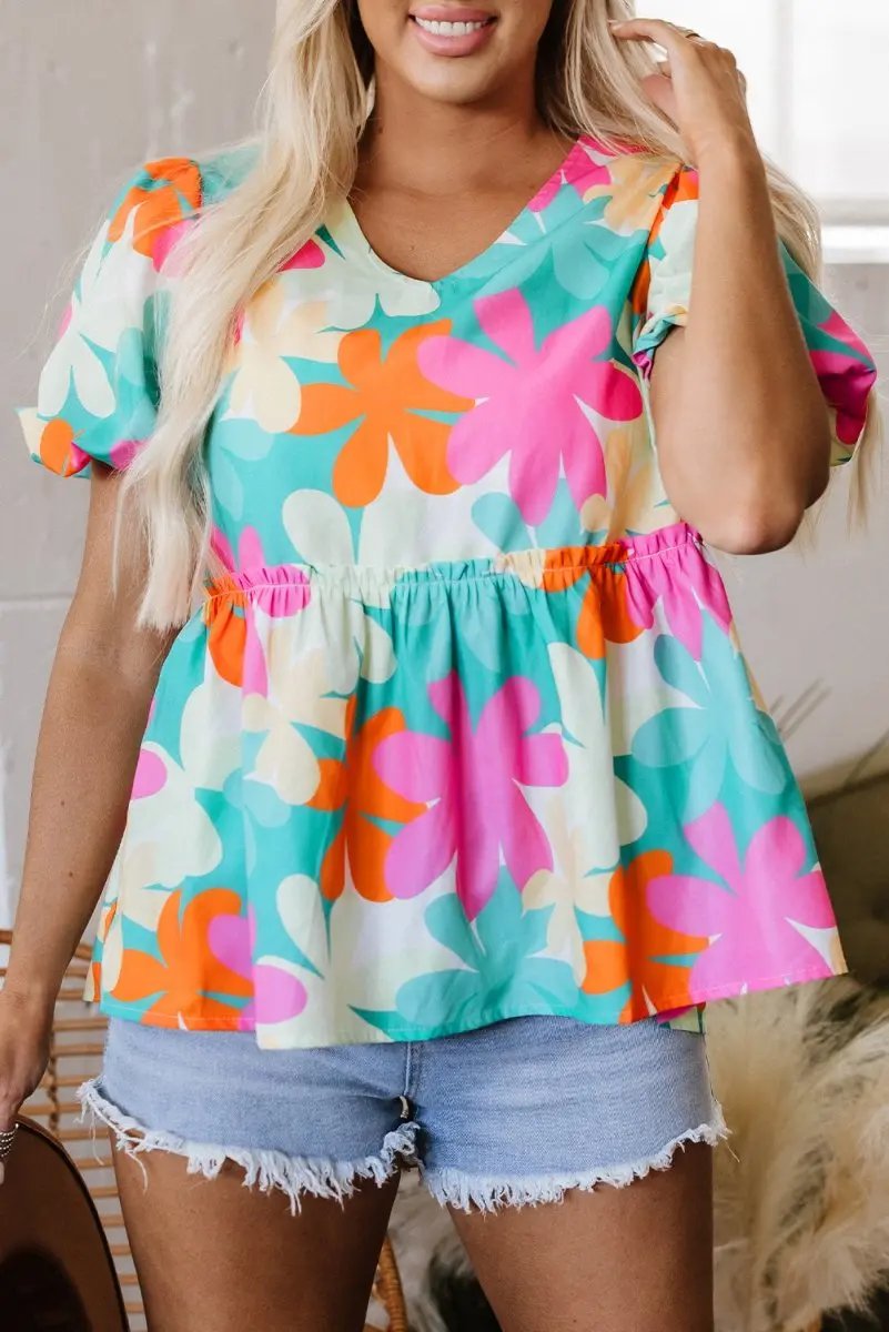 Pink Floral Print Bubble Sleeve V Neck Peplum Blouse for Women - Love Salve 